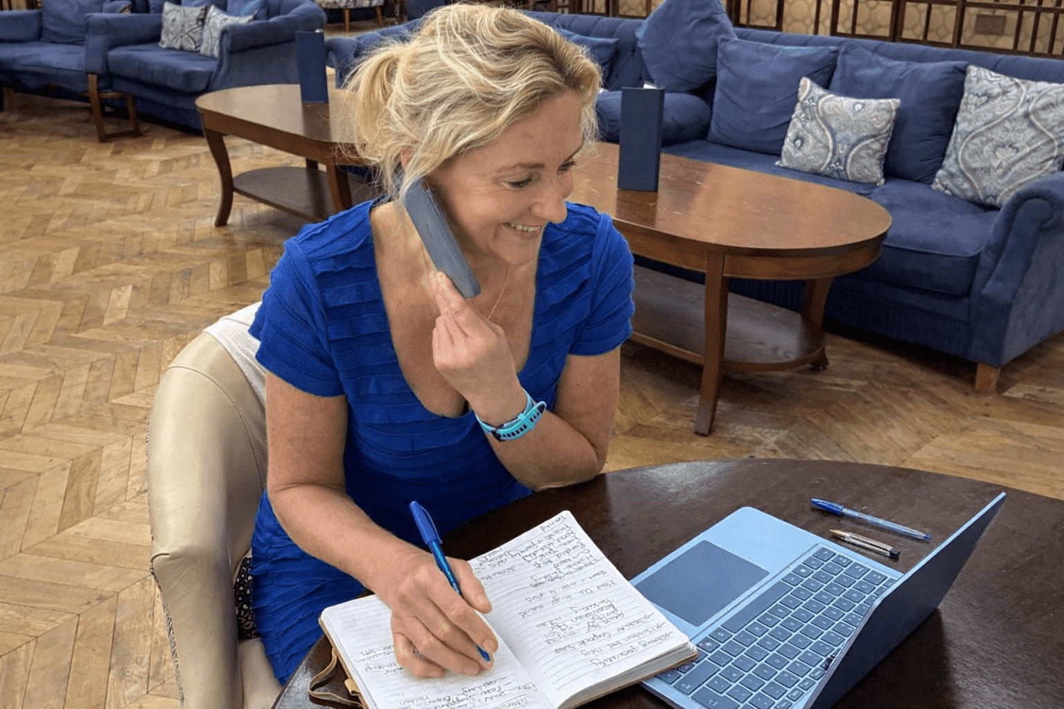 Julie Bell on a call with a client
